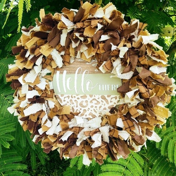 Hello There Shades of Brown Fabric Rag Wreath Door Decor Shabby Chic Decor 18" - Picture 6 of 13